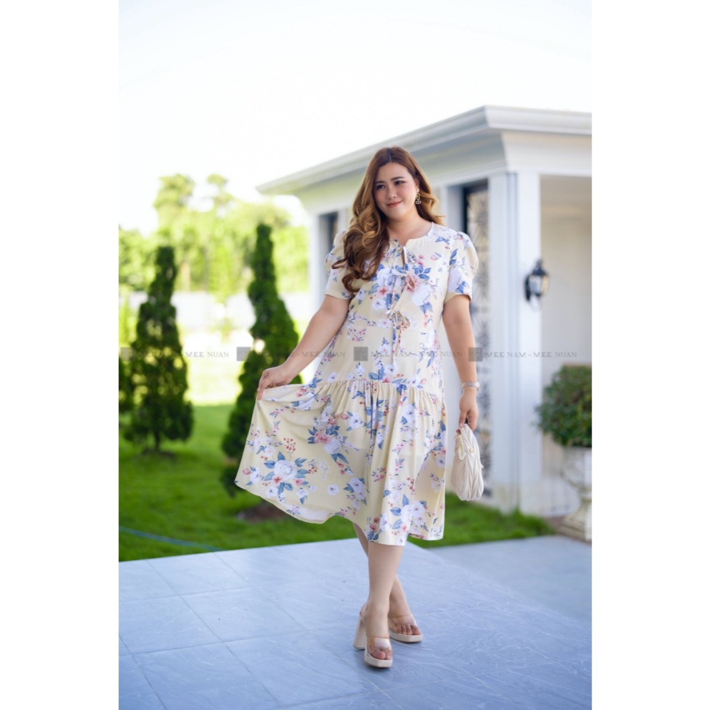 DR304 เดรสสีเหลืองพิมพ์ลายดอกแต่งโบว์ เสื้อผ้าพลัสไซส์ Plussize Fashion ชุดคนอ้วน แฟชั่นสาวอวบ