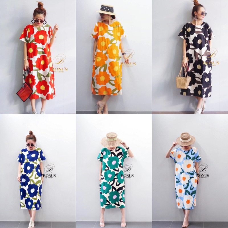 BONUS dress 1.3 ชุดเดรสคอกลมผ้าคอตตอนญี่ปุ่น 100% พิมพ์ลายดอกไม้Mari"" สวยสดุดตา ใส่สบายไม่ร้อน