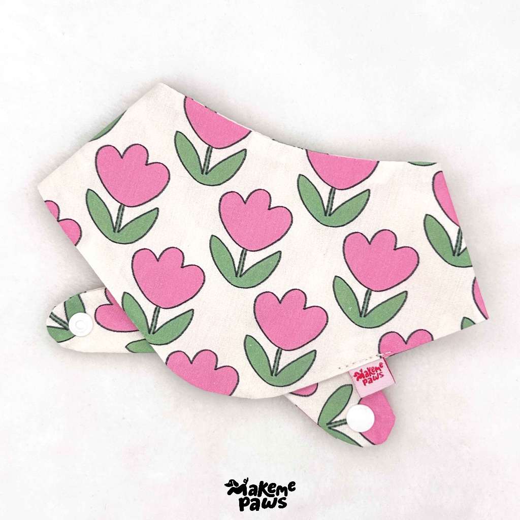 Tulip Pink Bandana ลายดอกทิวลิป ผ้าพันคอสัตว์เลี้ยง สุนัข หมา แมว