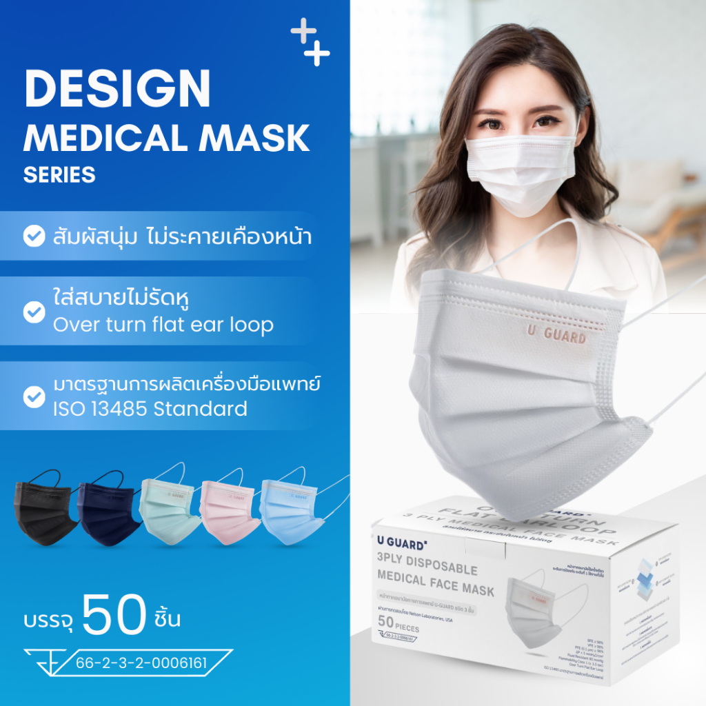U-GUARD MASK หน้ากากอนามัย 3 ชั้น LV.1 OVERTURN FLAT EARLOOP ใส่สบายไม่เจ็บหู