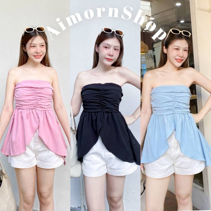 aimorn_shop เกาะอกหางปลา แต่งระบายปลาย จับจีบอกน่ารักมากๆ สม็อคด้านหลัง ทรงหรูหรามาก