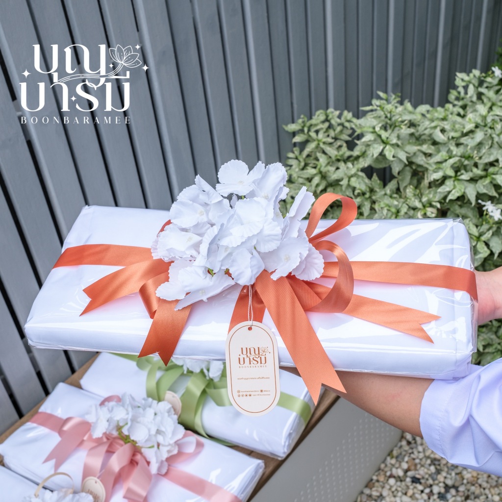 ผ้าขาวถวายพระ กฐิน ผ้าฝ้ายมัสลิน คอตตอน 100% นำไปย้อมสี ผ้าคุณภาพย้อมไม่ด่าง พร้อมตกแต่งสวยงาม - รูปที่ 5