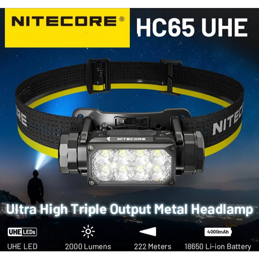 Nitecore ไฟหน้า LED HC65 UHE USB-C 2000ลูเมนชาร์จได้8คอร์ lampu depan LED คู่ลำแสงคู่4000mAh แบตเตอรี่ Li-ion 18650