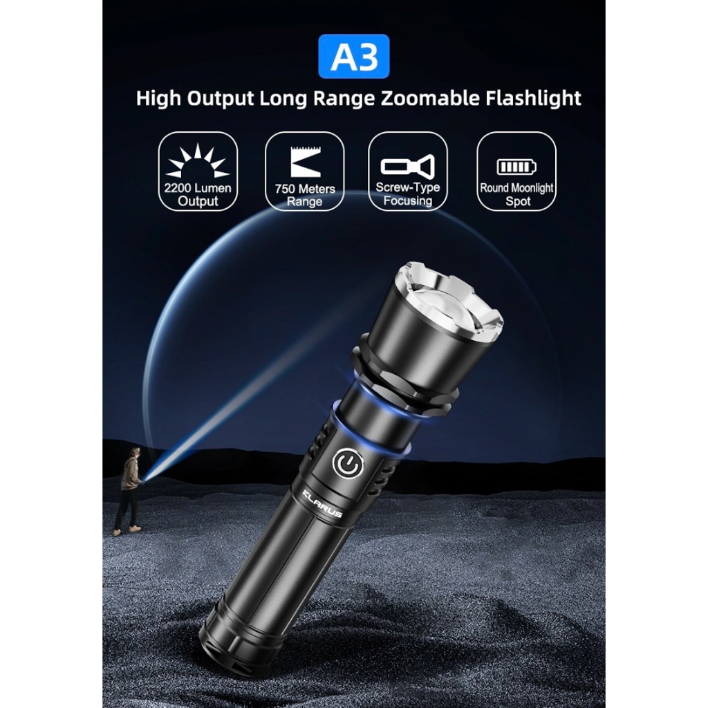 Klarus A3 2200Lm ไฟฉาย LED ซูมได้แบบชาร์จไฟได้ USB-C พร้อมแบต 21700
