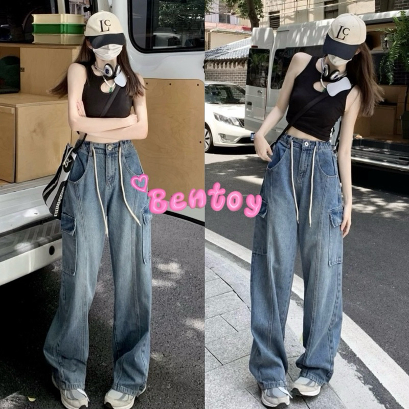 bentoy(7225)กางเกงยีนส์ขายาว เอวสม็อค มีสายรูด ทรงคาร์โก้ มีกระเป๋าใหญ่สองข้าง ใส่สวยพรางหุ่น