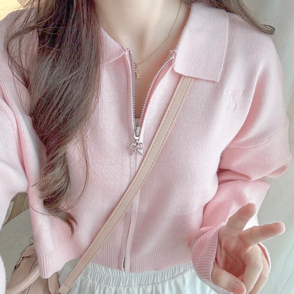 RIKA น้องมาการอง ครอปไหมพรมคอปกซิปโบว์ทูเวย์