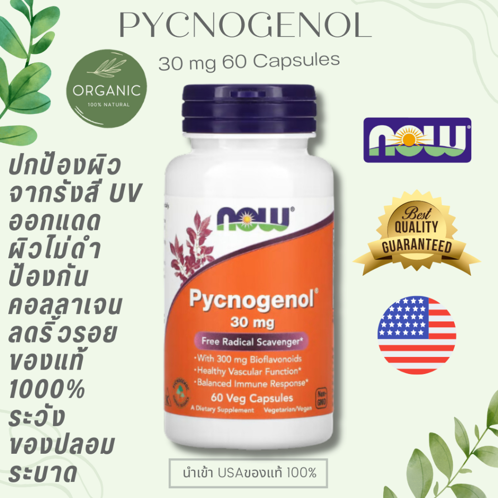 [ล็อตใหม่] NOW FOODS Pycnogenol 30 mg ปกป้องผิวจาก UV กันแดด ลดริ้วรอย ลดการเกิดผิวแห้งกร้าน ลดสิว 60 capsules