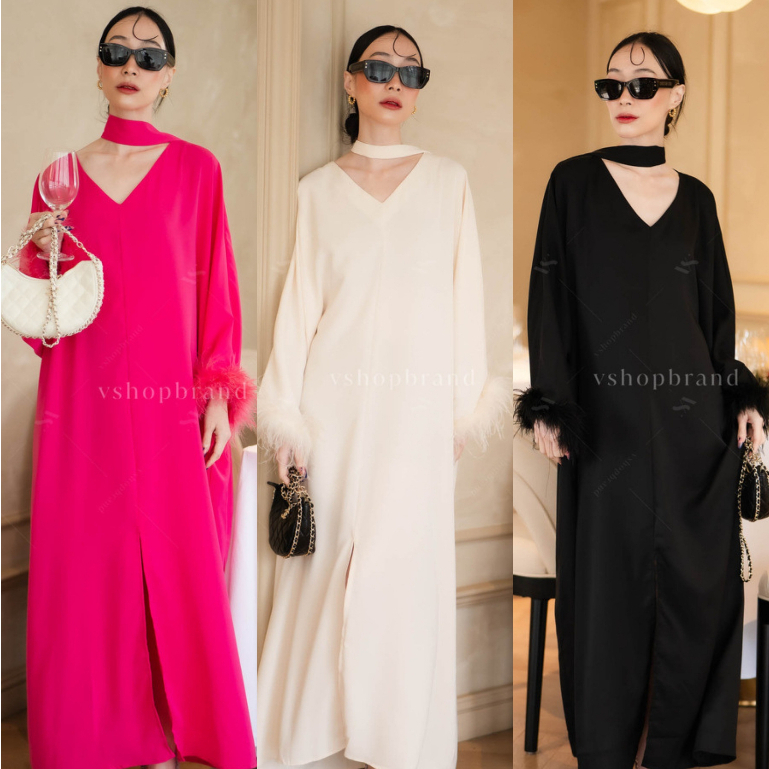 พร้อมส่ง ชุดออกงาน maxi เดรสทรงค้างคาวแต่งแขนนก+เชือก งานป้าย vshopbrand