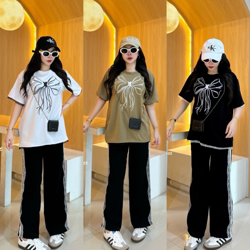เซ็ทเสื้อโบว์แต่งระบาย+กางเกง M126