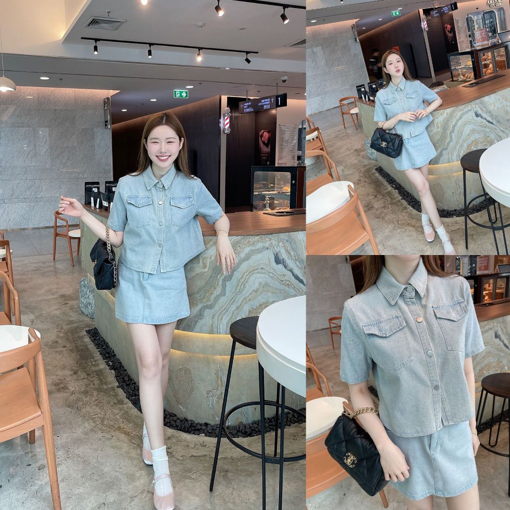 ขาว/ฟ้า/ยีนส์ SLYQ PREPPY DENIM CROP SHIRT & SKIRT SET เซ็ตยีนส์ เสื้อเชิ้ตแขนสั้นและกระโปรงสั้น