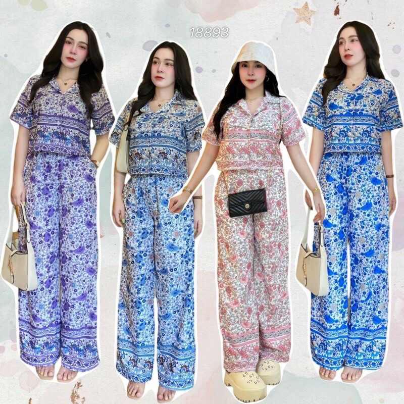 FF18893 ชุดเซทเสื้อครอปขายาว ชายดอกไม้ พร้อมส่ง