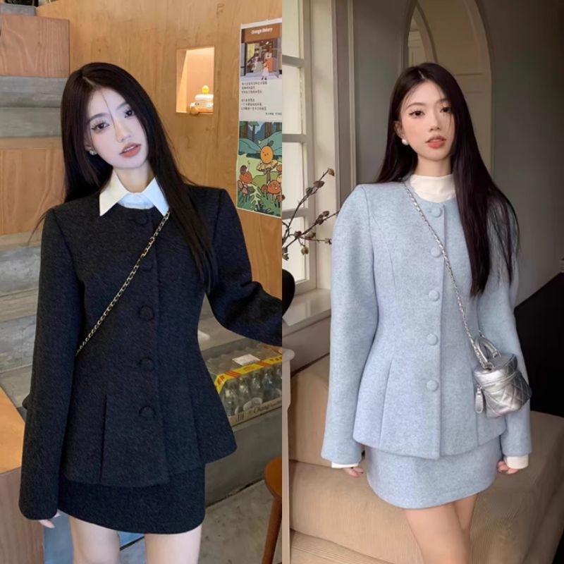 พร้อมส่ง2สี ชุดเซ็ต3ชิ้น เสื้อคลุมแขนยาวผ้าวูล กับกระโปรงสั้น พร้อมเสื้อคอเต่า *อ่านขนาดก่อนสั่งน้า* (S135)