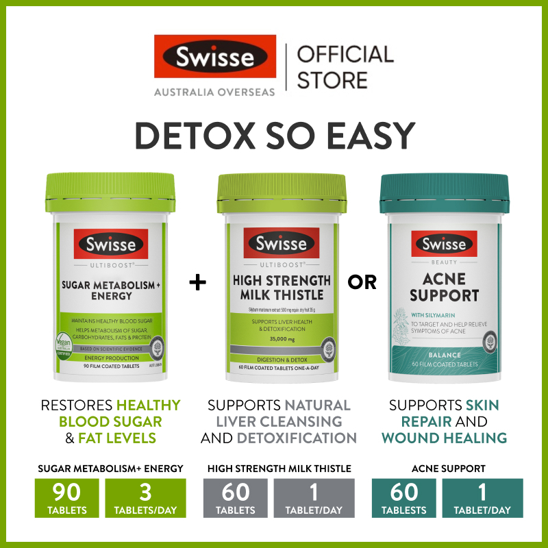 Swisse Wellness Dual Detox & Skin Detox Combo Set (Apple Cider Vinegar, Acne Support, Sugar Metabolism, Milk Thistle)