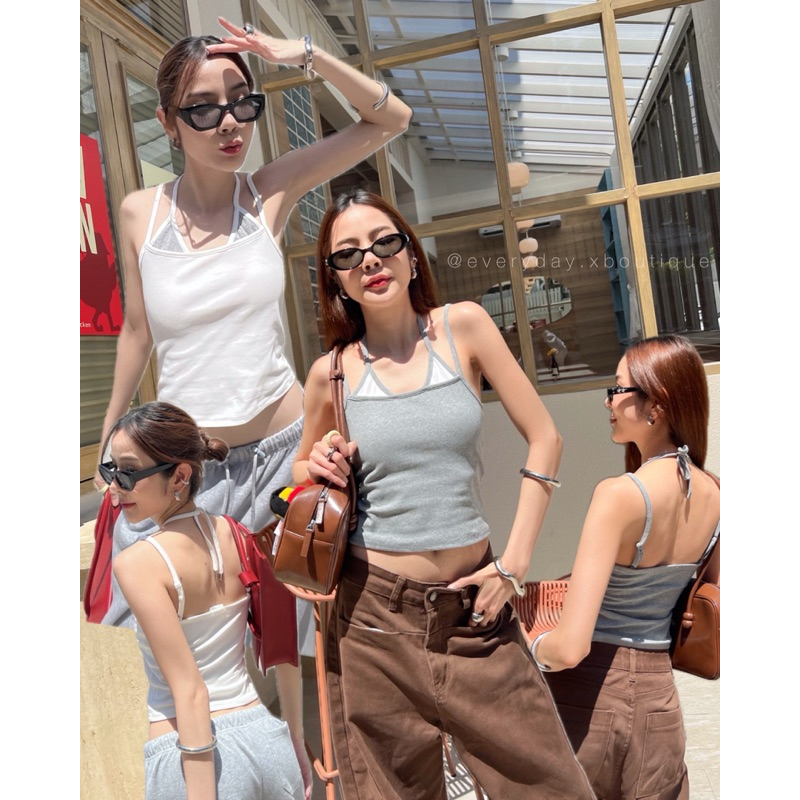 เสื้อสายเดี่ยว ดีไซน์เบิ้ลอกสีทูโทน (320฿) สายผูกคล้องคอ ผ้าคอตตอลนุ่มยืด เก็บทรง ใส่เก๋ๆ chic มากค่าา amuse moveon