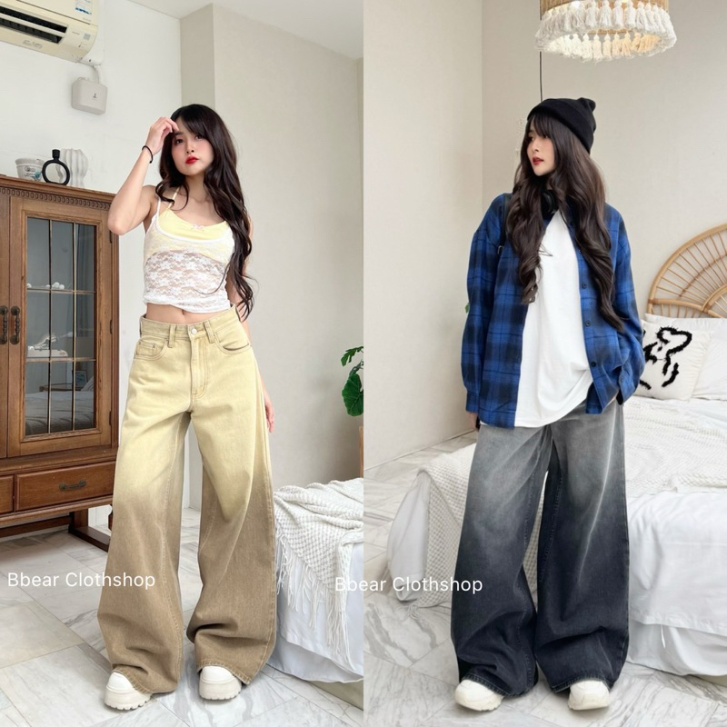 TwoTone Jeans กางเกงยีนส์ขากระบอกใหญ่(มาก)แต่งทูโทน
