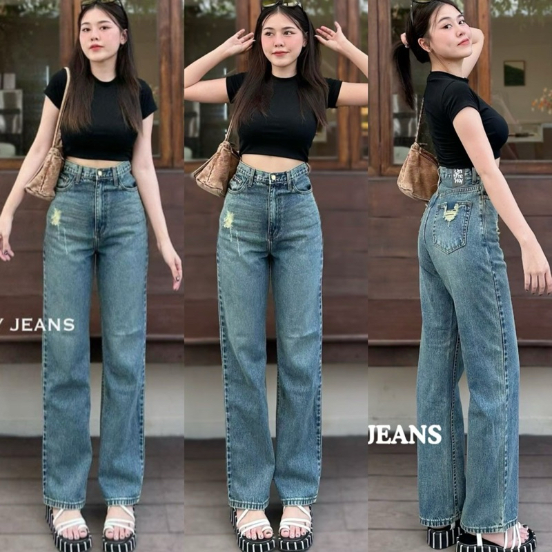 ON THE WAY Jeans (S-2XL) กางเกงขากระบอกที่ถูกต้อง สีสนิมขาดสะกิดเบาๆเป๋าหลังด้วย เป็นอีกป้ายที่ต้องมีติดตู้จ้า