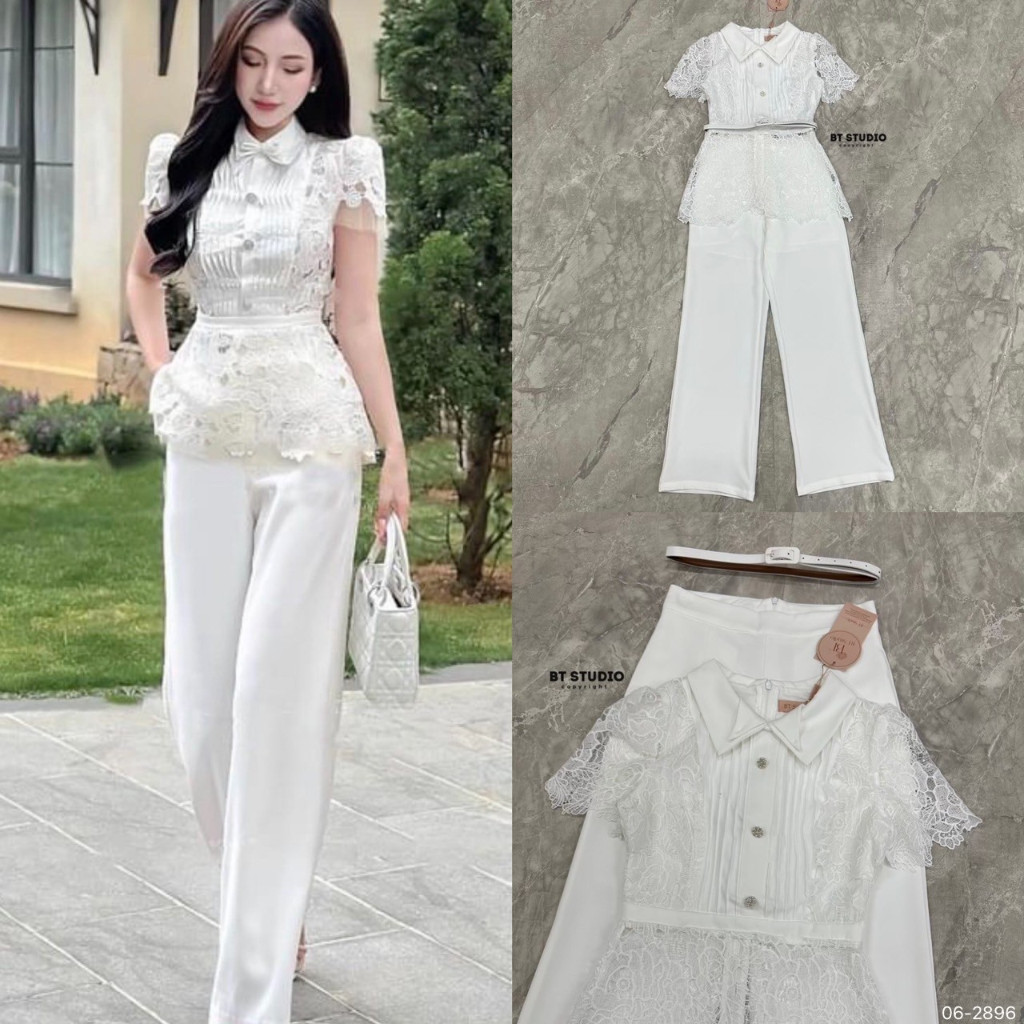 พร้อมส่ง BT 2896 เซท 3 ชิ้น เสื้อลูกไม้คอปกซิปหลัง + กางเกงขายาว+ เข็มขัด ใส่ออกงาน ไปงานบุญ งานบวช เรียบหรูมาก