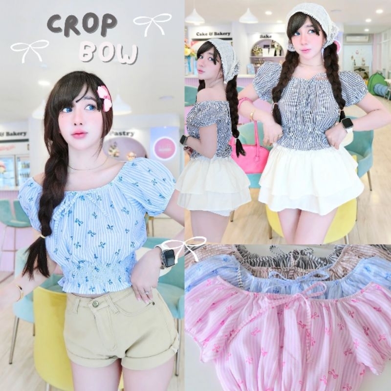 เสื้อครอปแขนตุ๊กตา ลายริ้วโบว์ แขนตุ๊กตา แต่งโบว์ผูกหน้าน่ารักๆ