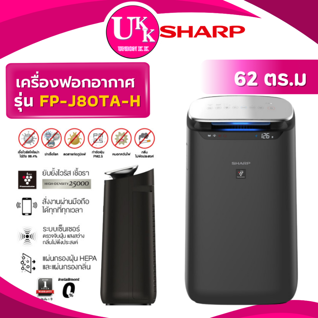 SHARP เครื่องฟอกอากาศ FP-J80TA-H ขนาด 62 ตร.ม. สั่งงานผ่าน Smart App ( FP-J40TA FP-J60TA )