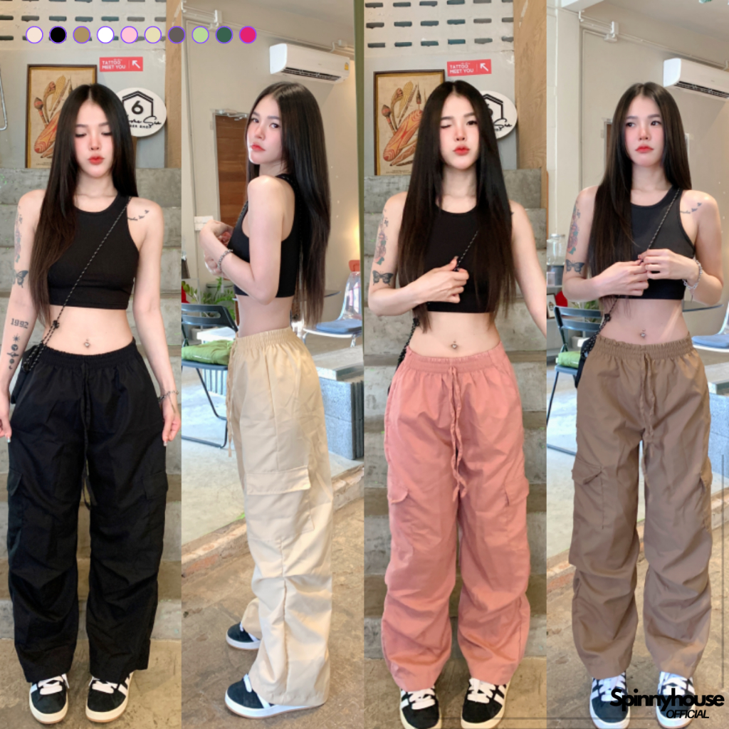 🌈SpinnyHouse🌈กางเกงขากระบอกตรง ดีเทลย่นข้าง ทรงสวย ผ้าไมโคร 💖 ทรงโคร่ง สไตล์y2k พร้อมส่ง รุ่น คาร์โก้ย่นข้าง