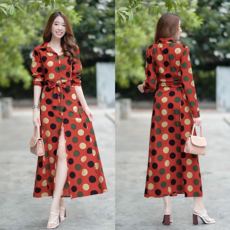 Maxi dress ปกเชิ้ตแขนยาวลายจุด ติดกระดุมด้านหน้าเปิดได้ มีโบว์ผูกเอว