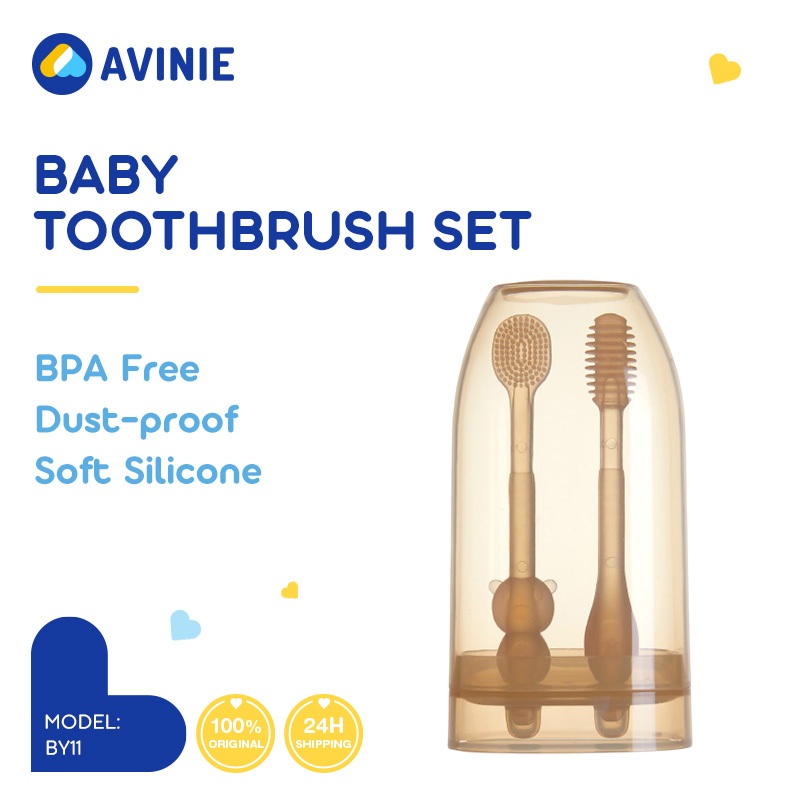 AVINIE ชุดแปรงสีฟันเด็ก 2 ชิ้น ซิลิโคน สําหรับเด็กทารก 0-18 เดือน ทําความสะอาดช่องปาก แปรงซิลิโคนอ่อนนุ่ม 9 ชั้น BY11