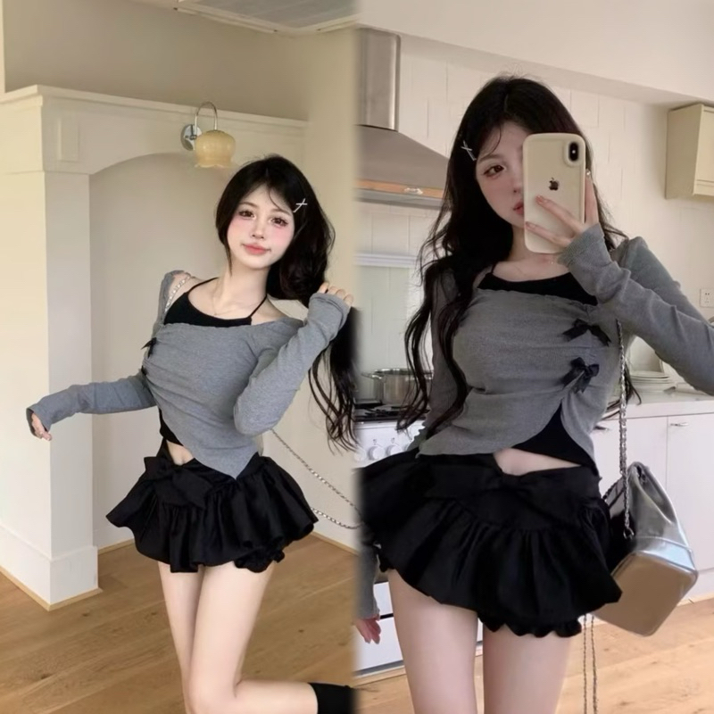 Cherry✨พร้อมส่ง✨เสื้อเซ็ท2ชิ้นy2k กระโปรงสั้นทรงเอแต่งจีบโปส์ใหญ่ +เสื้อครอปท็อปสีเทา ชุดไปทะเลไปค่าเฟ่ เซ็กซี่ สำหรับผู