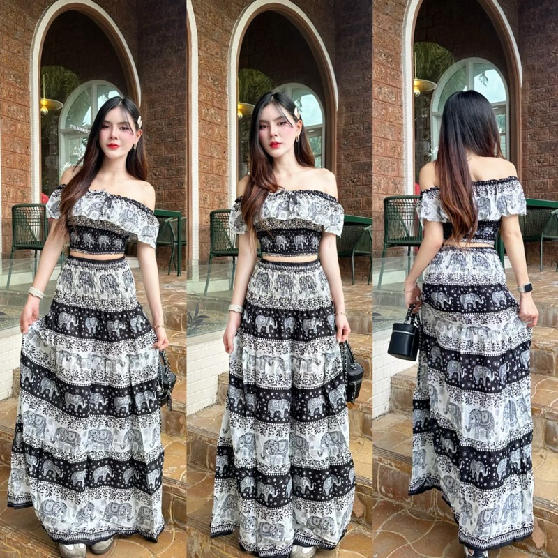 ชุดปาดไหล่+กระโปรงยาว (ลายช้าง) ทรงสวย ดีเทลเจ้าหญิง ผ้าไหมอิตาลี ใส่สบายไปเที่ยวชิวๆ