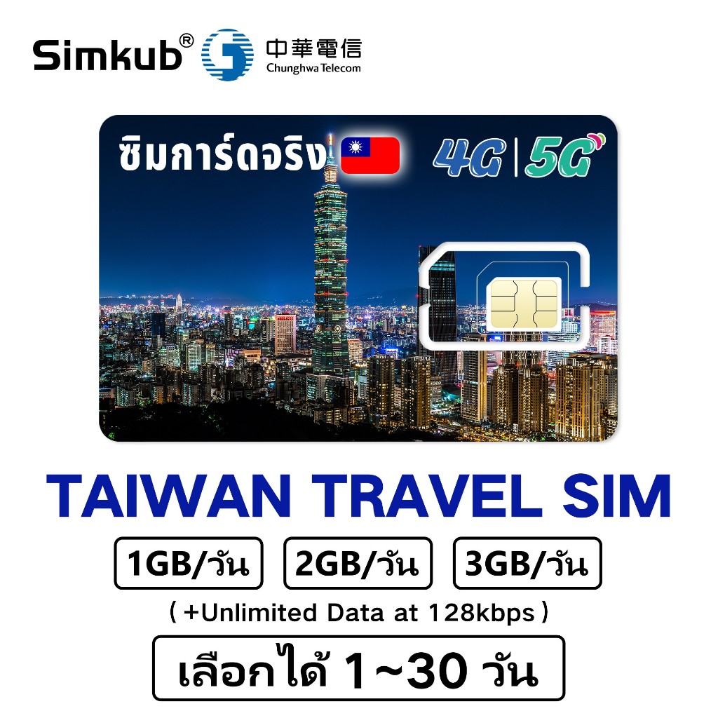 Taiwan SIM ซิมไต้หวัน ซิมท่องเที่ยวไต้หวัน 5G/4G อินเตอร์เนต 1GB-3GB/วัน เลือกได้ 1-30วัน เครือข่าย CHT ฟรีเข็มถาดซิม