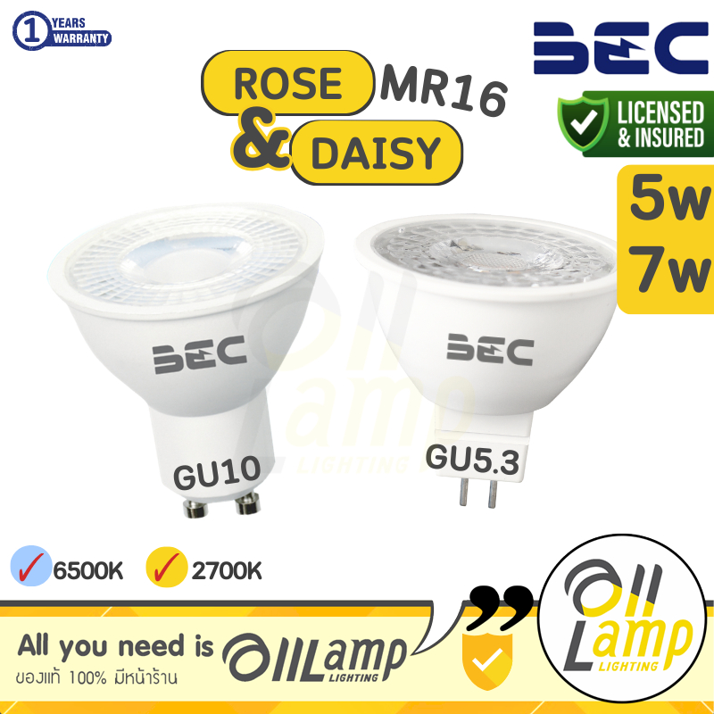 BEC หลอดฮาโลเจน LED ROSE , DAISY 5w 7w GU5.3 GU10 6500K 2700K mr16 220โวลต์ ต่อตรง ไม่ต้องมีหม้อแปลง