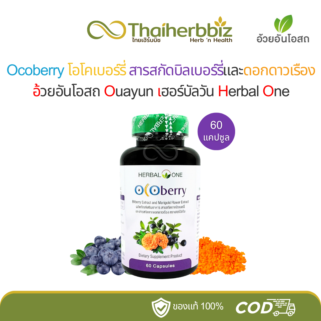 Ocoberry โอโคเบอร์รี่ สารสกัดบิลเบอร์รี่ สารสกัดดอกดาวเรือง อ้วยอันโอสถ Herbal One 60 แคปซูล (1 ขวด)