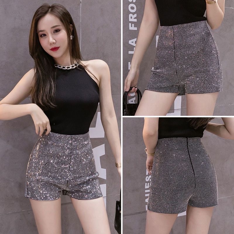 🥂พร้อมส่ง🥂กางเกงเท่านั้นน้าาา กางเกงเอวสูงขาสั้นผ้าเลื่อมกระจก