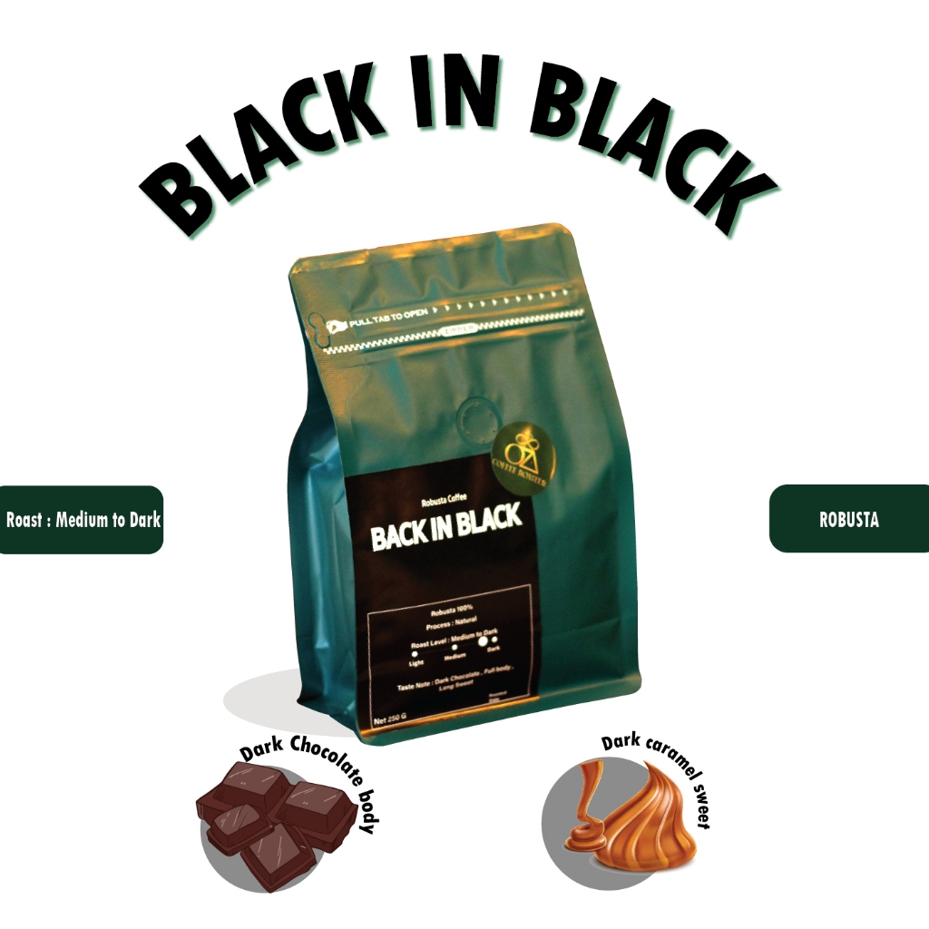 BACK IN BLACK เมล็ดกาแฟ โรบัสต้าเบลน คั่วกลางค่อนเข้ม Oz Coffee Roaster Shop ขนาด 250 กรัม