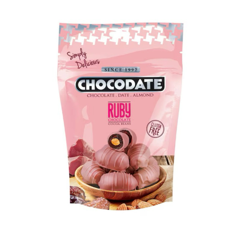 อินตาผาลัมเคลือบช็อกโกแลตสตอเบอรี่สอดไส้อัลมอนด์🍓 Chocodate Ruby Chocolate With Date And Almond 90g