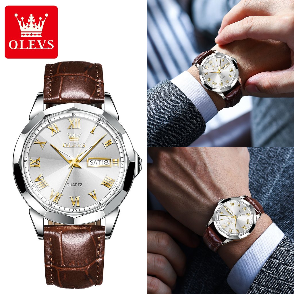 OLEVS นาฬิกาผู้ชาย กันน้ำ 100% แท้ ธุรกิจ กีฬา ปฏิทิน เรืองแสง สายหนังแท้ นาฬิกาข้อมือควอตซ์ ผู้ชาย