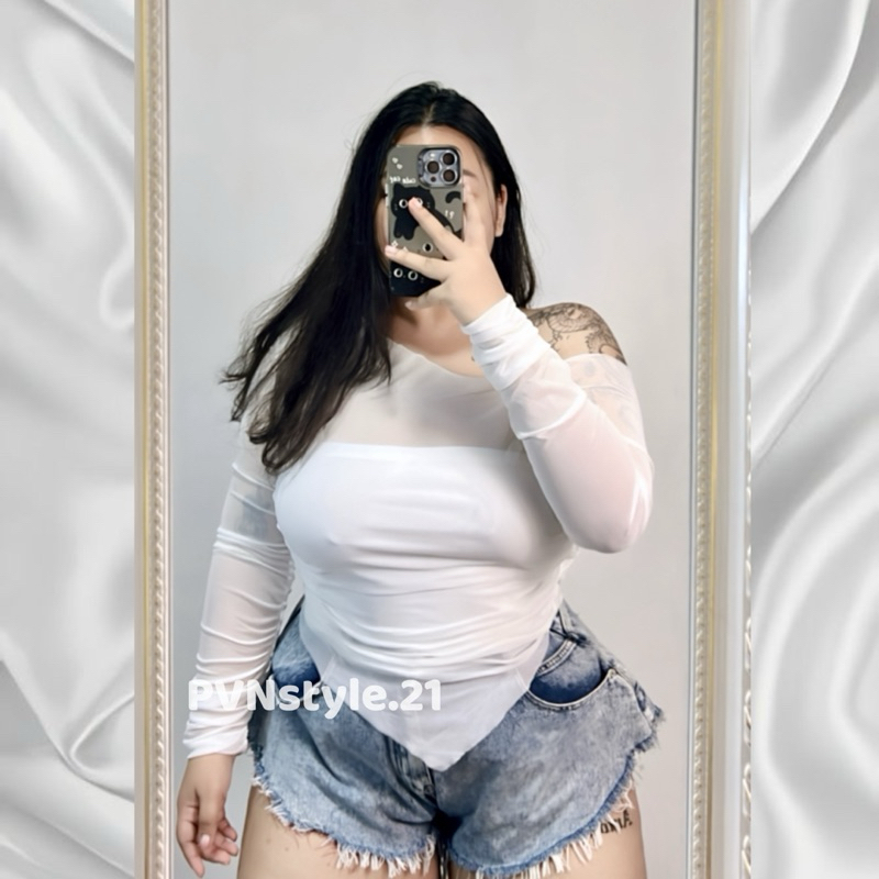 (ไซส์ใหญ่) เสื้อปาดไหล่แขนยาวผ้าชีฟองมีเกาะอกซับใน อก 38-54 - รูปที่ 4