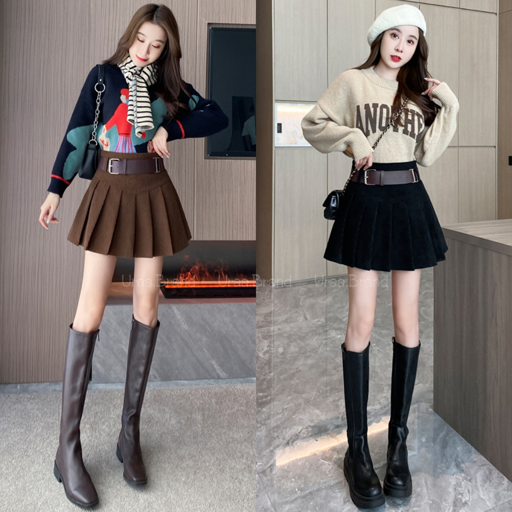 2 สี / กระโปรง เนื้อผ้าลูกฟูก มีซับในกันโป๊ ทรงจีบทวิส ร่น Lookfuk Big Belt Skirt - SK9