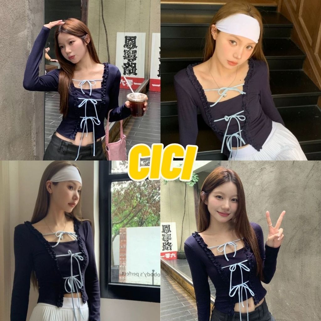 ส่งทันที Cici (NO. J1386)เสื้อยืดแขนยาวผูกโบว์ด้านหน้า สไตล์เกาหลี น่ารักสดใสสมวัยสุดๆ