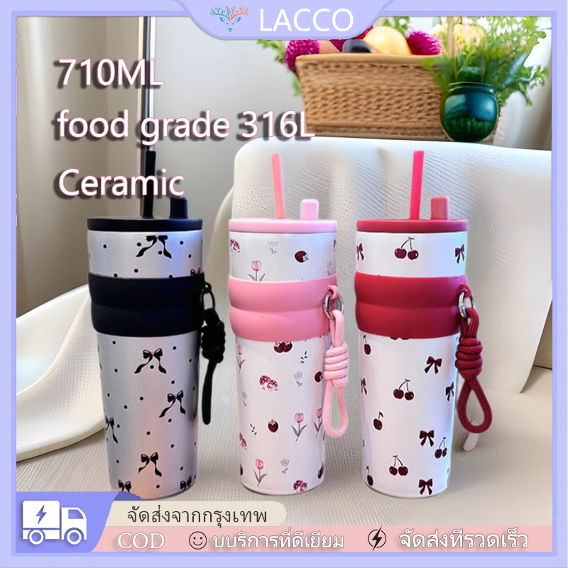 710ML น่ารักกระติกน้ําร้อนถ้วยความจุขนาดใหญ่ฟางแก้ว 316 สแตนเลสฉนวนถ้วยสํานักงานถ้วยกาแฟ