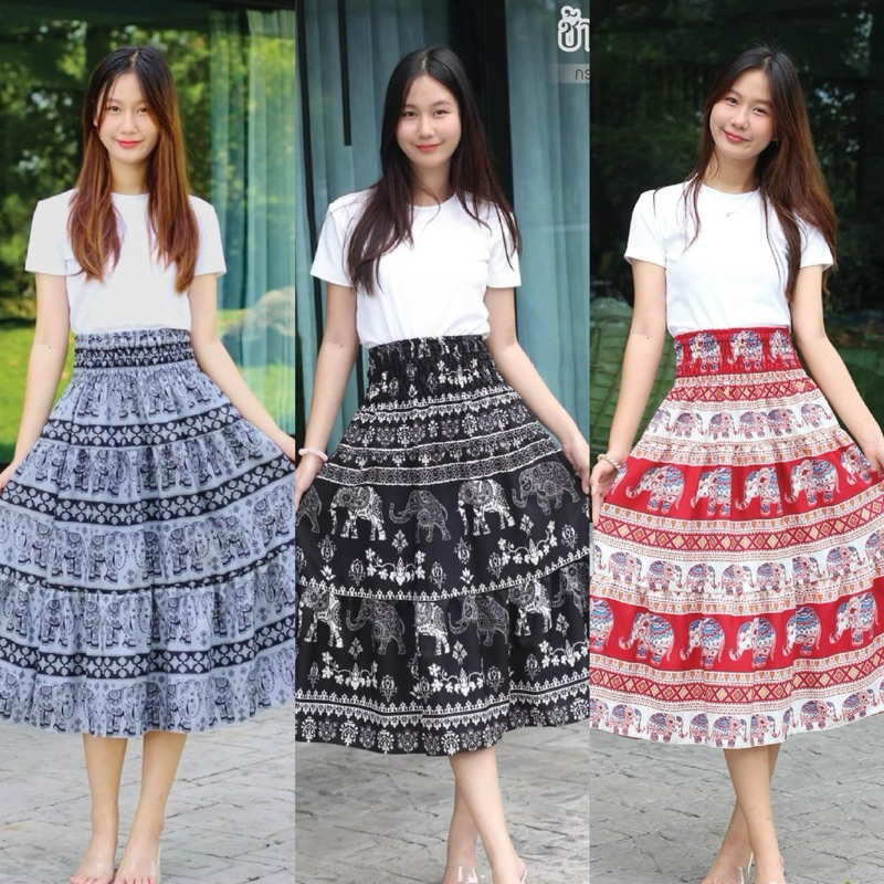 กระโปรงมารุ สั้น 30 นิ้ว แบบ 3 ส่วน (ลายช้าง)ผ้าไหมอิตาลี ความน่ารักของรุ่นนี้ ลูกคุณหนูมาก