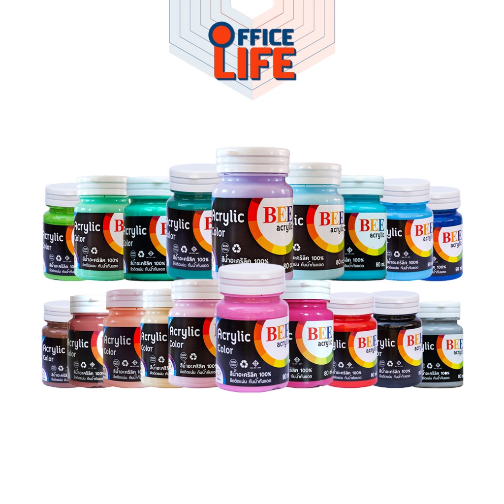 BEE (บี) สีอะคริลิค รุ่น กันน้ำ Acrylic Color ขนาด 80 cc มีให้เลือกถึง 32สี ( 1 ขวด )