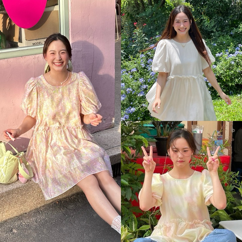 Puffypleats - เดรสแขนพองตุ๊กตา เนื้อผ้านุ่มเงา จับจีบรอบตัว มีเชือกสำหรับรูดผูกโบว์ด้านหลัง รุ่น Naomi Dress