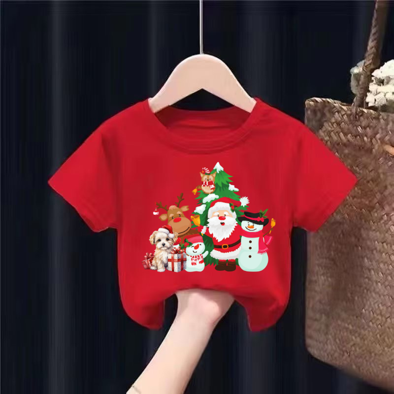 เสื้อยืดเด็กพิมพ์ลายเมอรี่คริสมาสMerry christmas เนื้อผ้าฝ้าย "สีแดง" A6