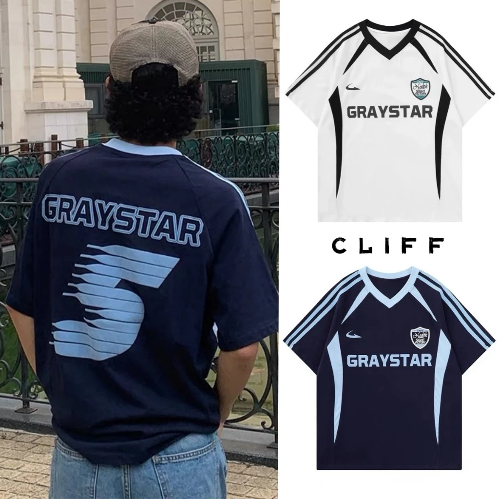 CLIFF -COD✅เสื้อยืดผู้ชาย คอวีแขนสั้น รุ่น raglan ลายทาง พิมพ์ลายแฟชั่น ยอดนิยม แมทช์ลุคง่าย แบบหลวม