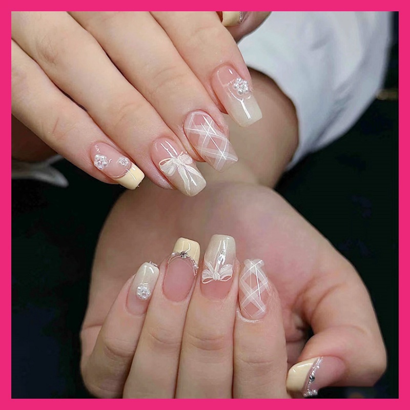 🇹🇭ร้านไทย🇹🇭 เล็บปลอม ผลิตภัณฑ์ใหม่ DD288 เล็บแฟชั่น สไตล์ฝรั่งเศส แฟลชเจาะ เล็บปลอม