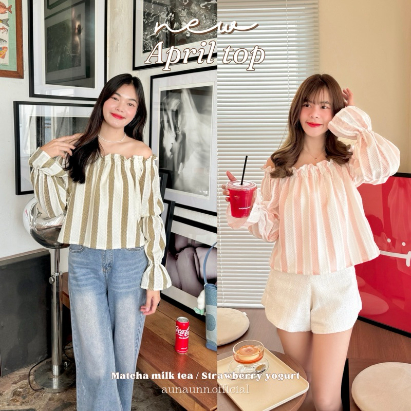 (aunaunn.official) April top - เสื้อปาดไหล่แขนยาว ดีเทลแขนจั๊ม ผ้าไหมพรมน่ารักมากกก