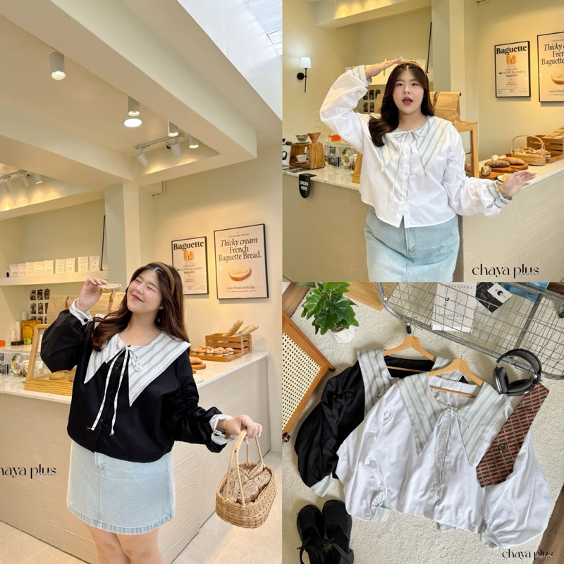 เสื้อเชิ๊ตคอปกแหลม แขนยาว เนื้อผ้าสก๊อตสุดน่ารัก งานโอเวอร์ไซส์ งานสาวน่ารัก plussize สาวอวบ