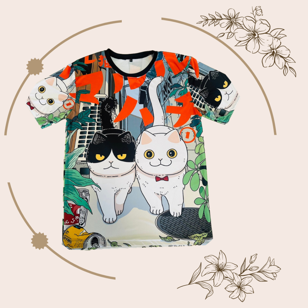 เสื้อยืดลายน้องแมว 2 ตัว สุดน่ารัก สไตล์ญี่ปุ่น เป็นเอกลักษณ์