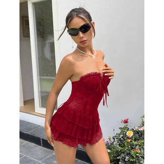 ชุดเดรส หน้าอกคัพ ลูกไม้ Ruched มีกางเกงซับใน งานเย็บปะติดปะต่อ แม็กซี่เดรสสายไขว้ฉัตร สำหรับเดท ปาร์ตี้