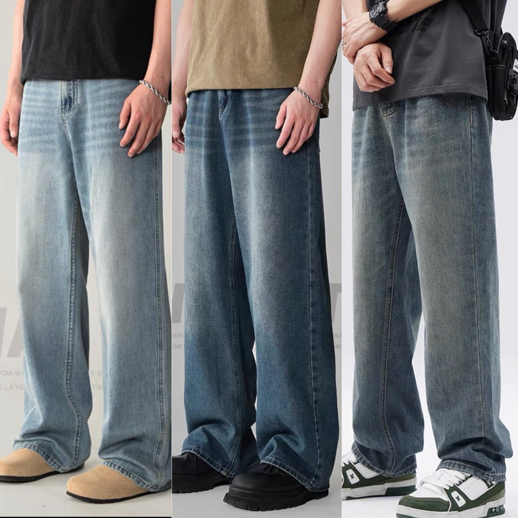 BAGGY JEANS กางเกงยีนส์เอวสูงขากระบอกเอวสม็อค